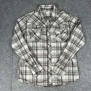 BKE Pearl Snap Button Shirt Western Plaid White Gray Mens M Athletic Fit Stretch